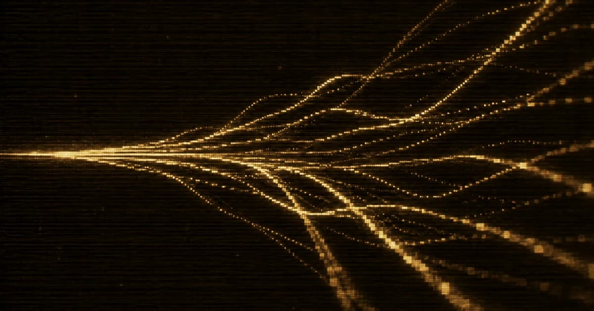 Abstract digital image of thin glowing lines emerging from a single point on the left and branching outward.