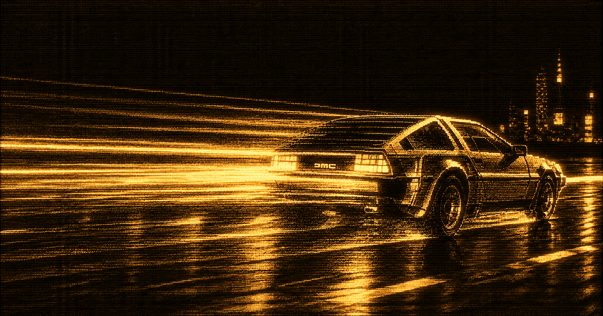 A DeLorean speeds across a wet roadway towards a neon city skyline.