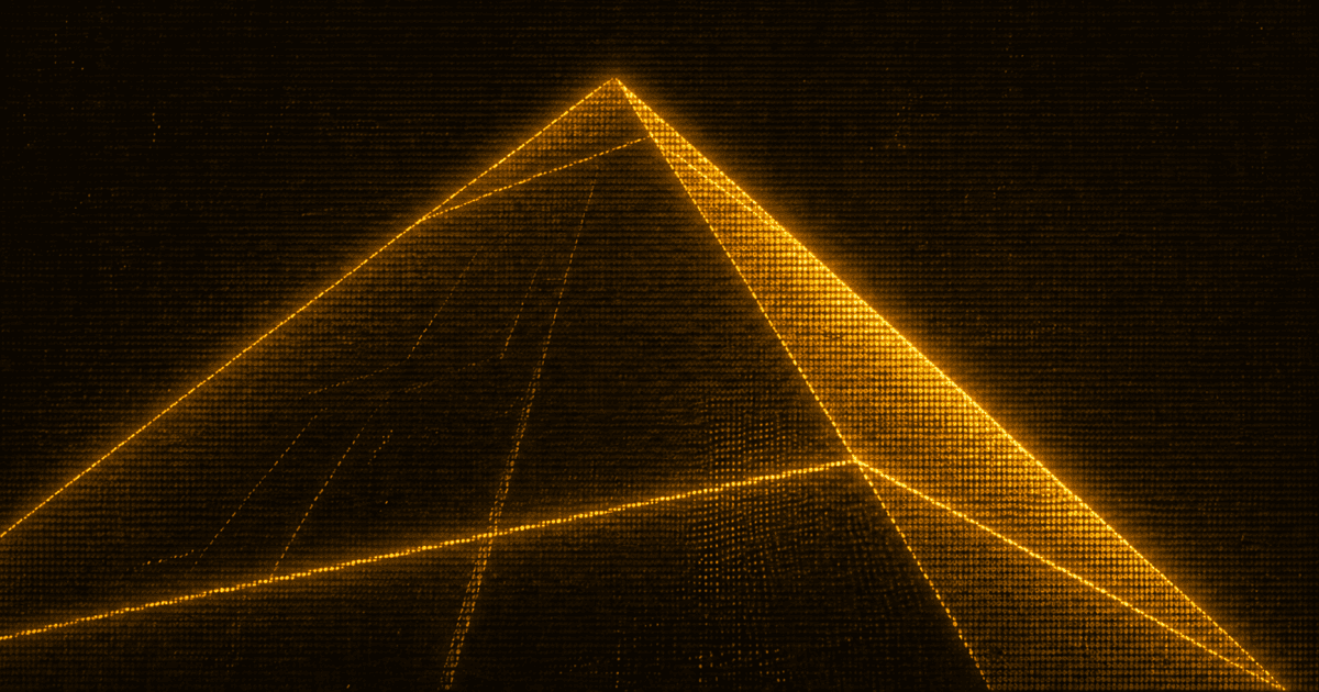 Low-angle view of a large smooth-sided pyramid structure rising into a dark background.