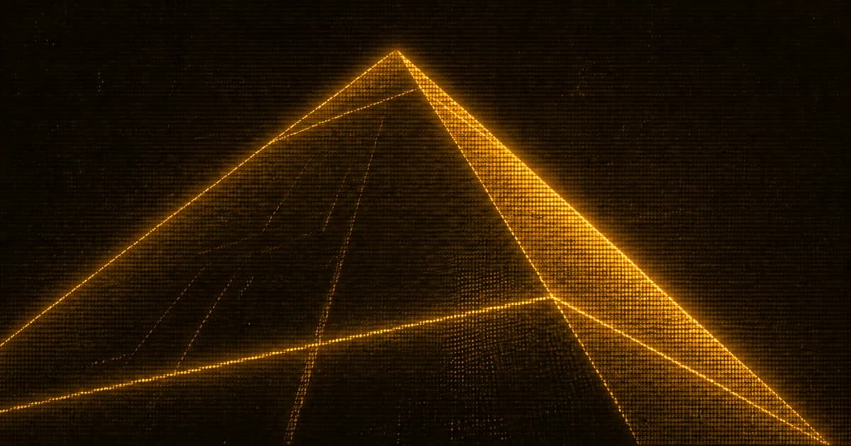 Low-angle view of a large smooth-sided pyramid structure rising into a dark background.