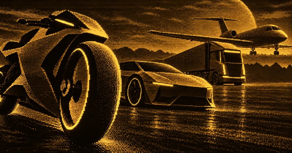 Various forms of transport, including a motorcycle, sports car, heavy truck, and aircraft.
