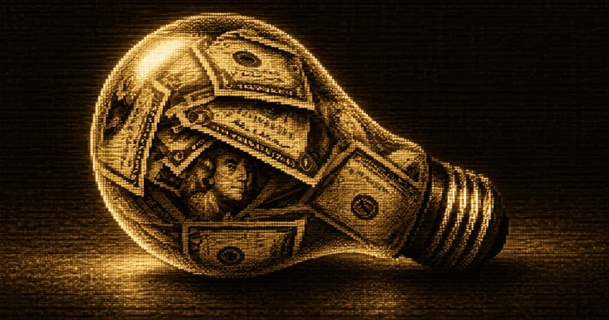 A lightbulb filled with tightly-packed dollar bills, lying on its side.