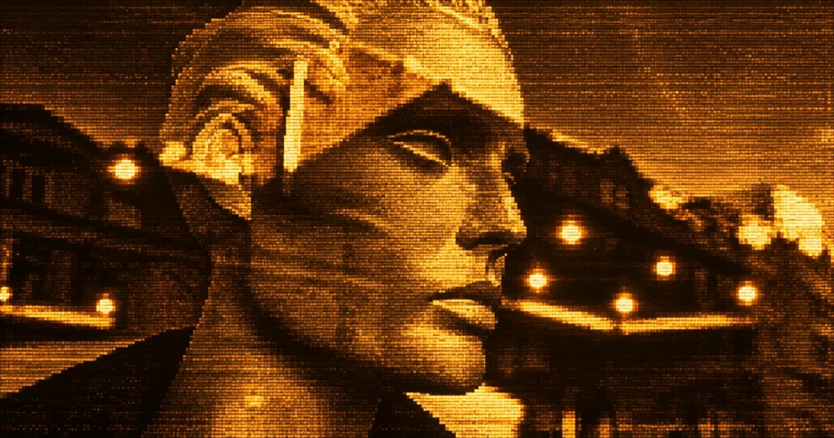 Close-up of a mannequin's face, with reflections of city buildings and glowing streetlights layered across the face and surrounding storefront window.