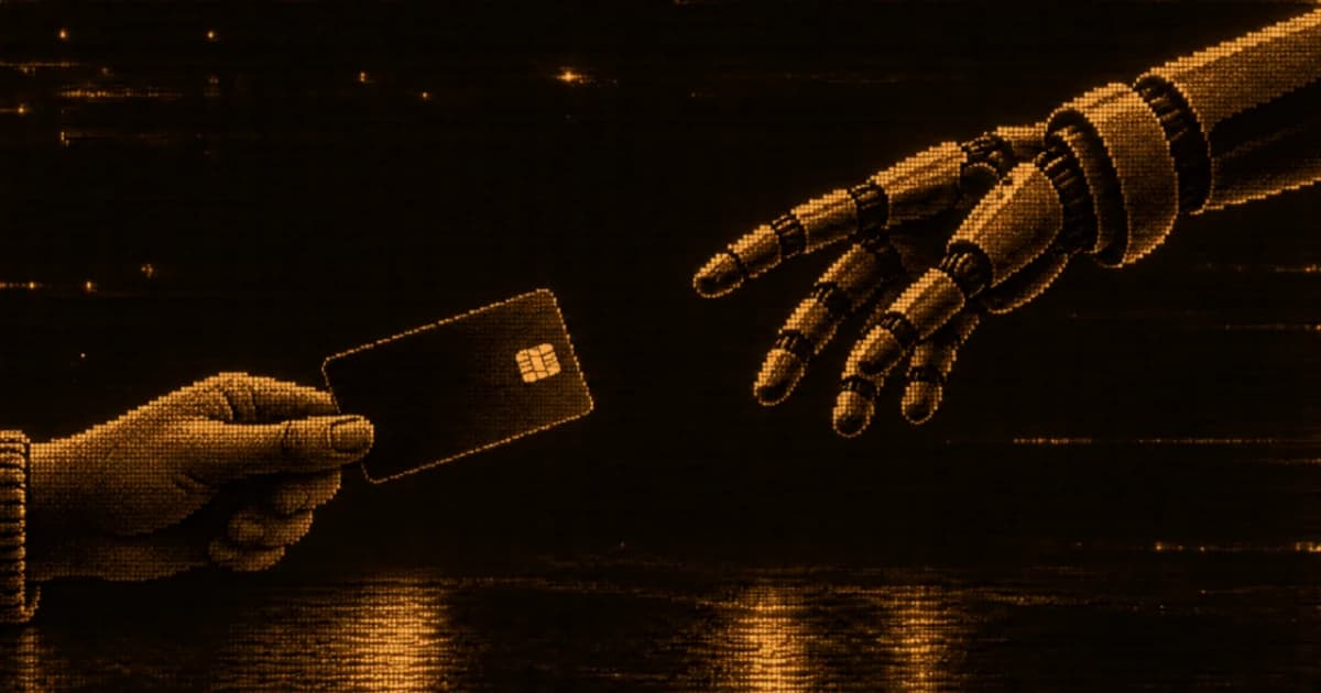 A human hand holds out a payment card toward an outstretched robotic hand.