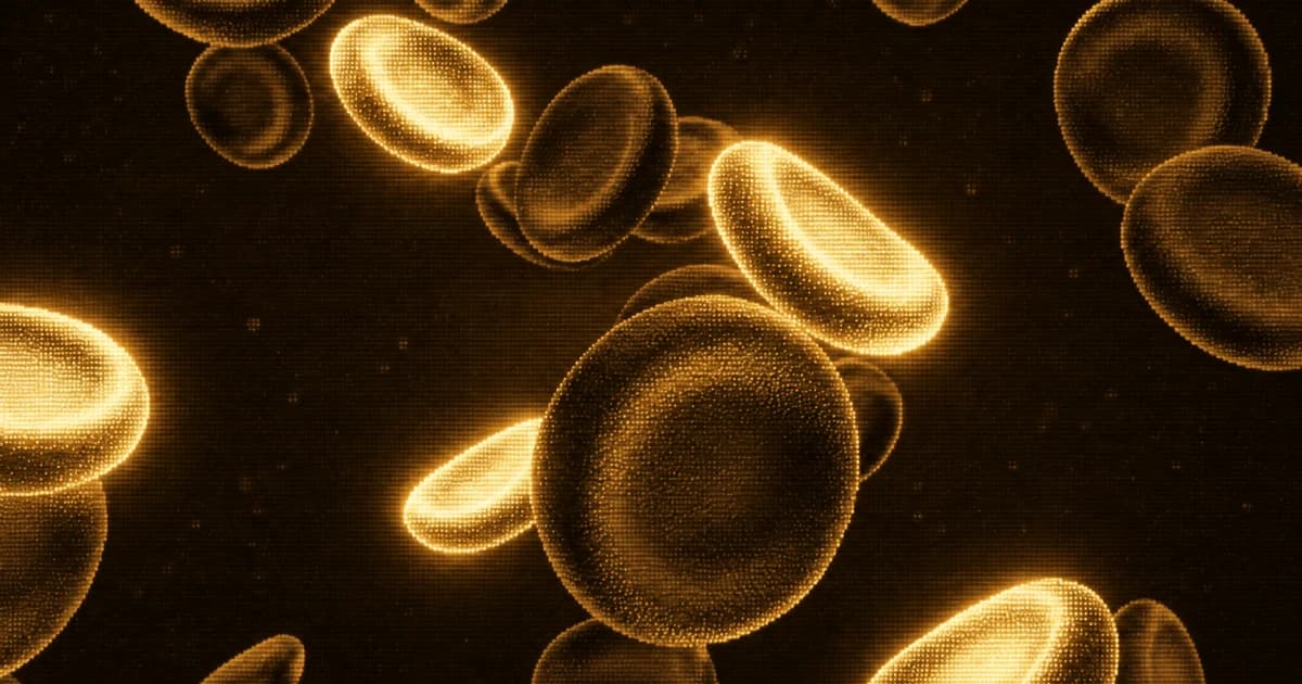 Close-up of red blood cells floating at different depths, with several cells glowing more brightly than the others.