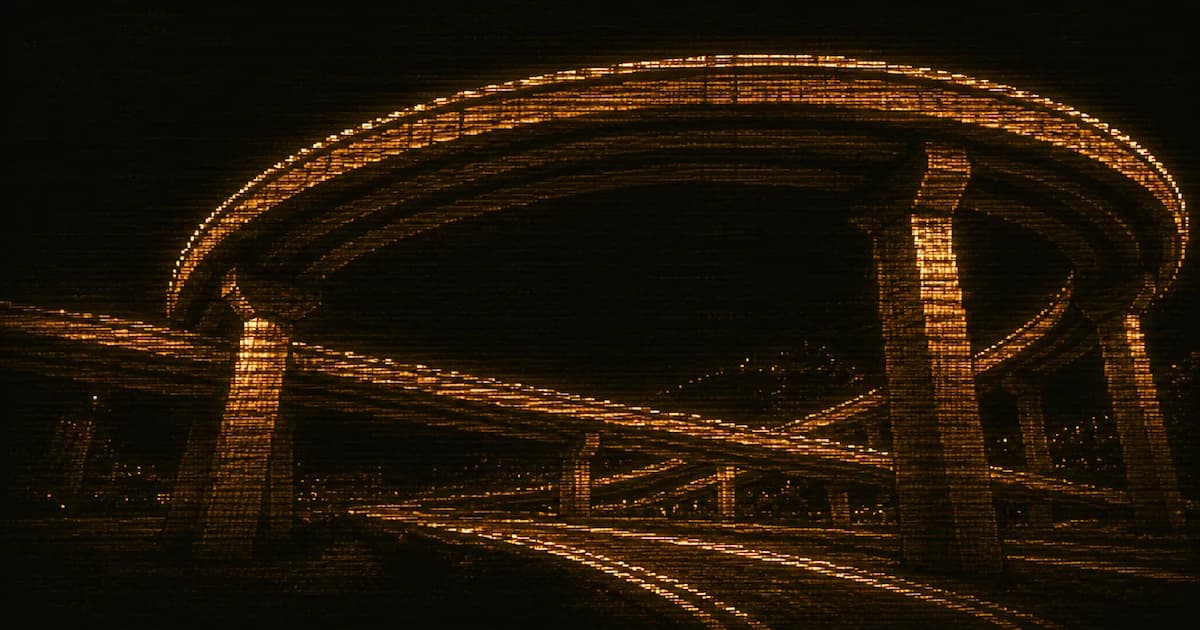 Low-angle view looking up beneath a multi-level highway interchange, with large curving flyovers and concrete supports overlapping against a dark retro computer-display background.