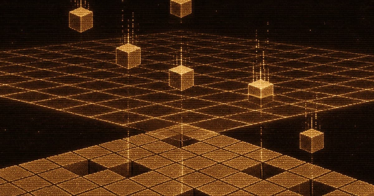 A large isometric cube sits below a suspended grid, while five smaller cubes descend toward empty spaces in its top surface.