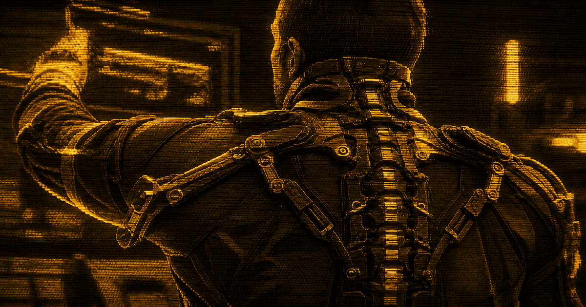 A person seen from behind wearing a large mechanical spinal exoskeleton with articulated metal supports and cables in a dark industrial interior.