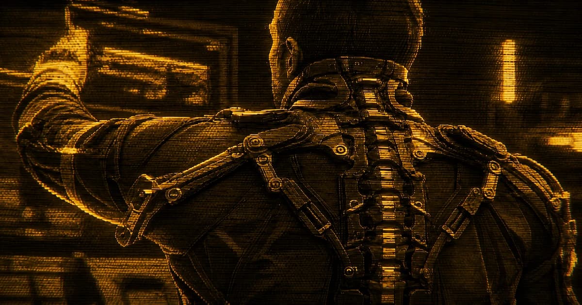 A person seen from behind wearing a large mechanical spinal exoskeleton with articulated metal supports and cables in a dark industrial interior.
