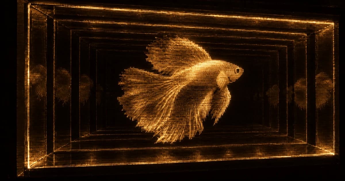 A holographic projection of a fish floating inside a rectangular two-way mirrored display box.