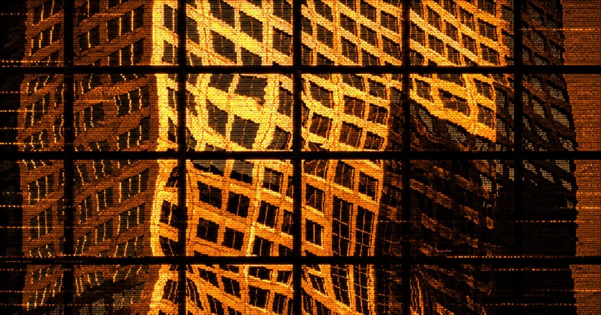 Distorted reflection of a high-rise building bending and twisting across a grid of glass panels, rendered with coarse pixels, horizontal scanlines, and digital noise.
